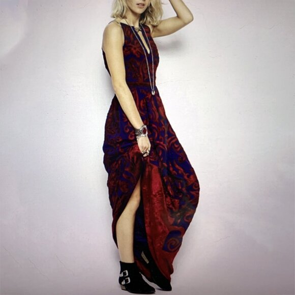 NWT Free People Dress SIZE 2 Blue Red Burnt Velvet Bohemian Boho Maxi Festival - Picture 10 of 10